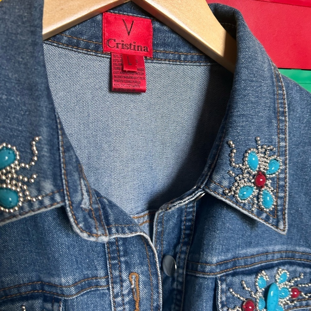 V Christina denim turquoise and ruby butterfly jacket size large - Picture 8 of 11